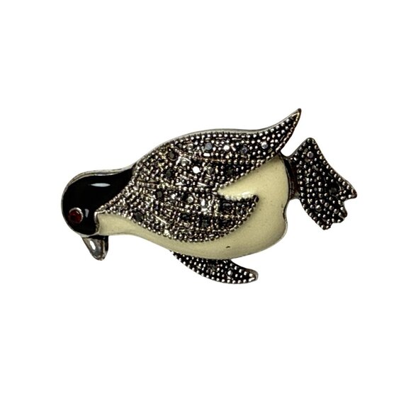 Penguin Brooch Sterling Silver Marcasite Simulated Ruby European Vintage Style - Picture 5 of 8